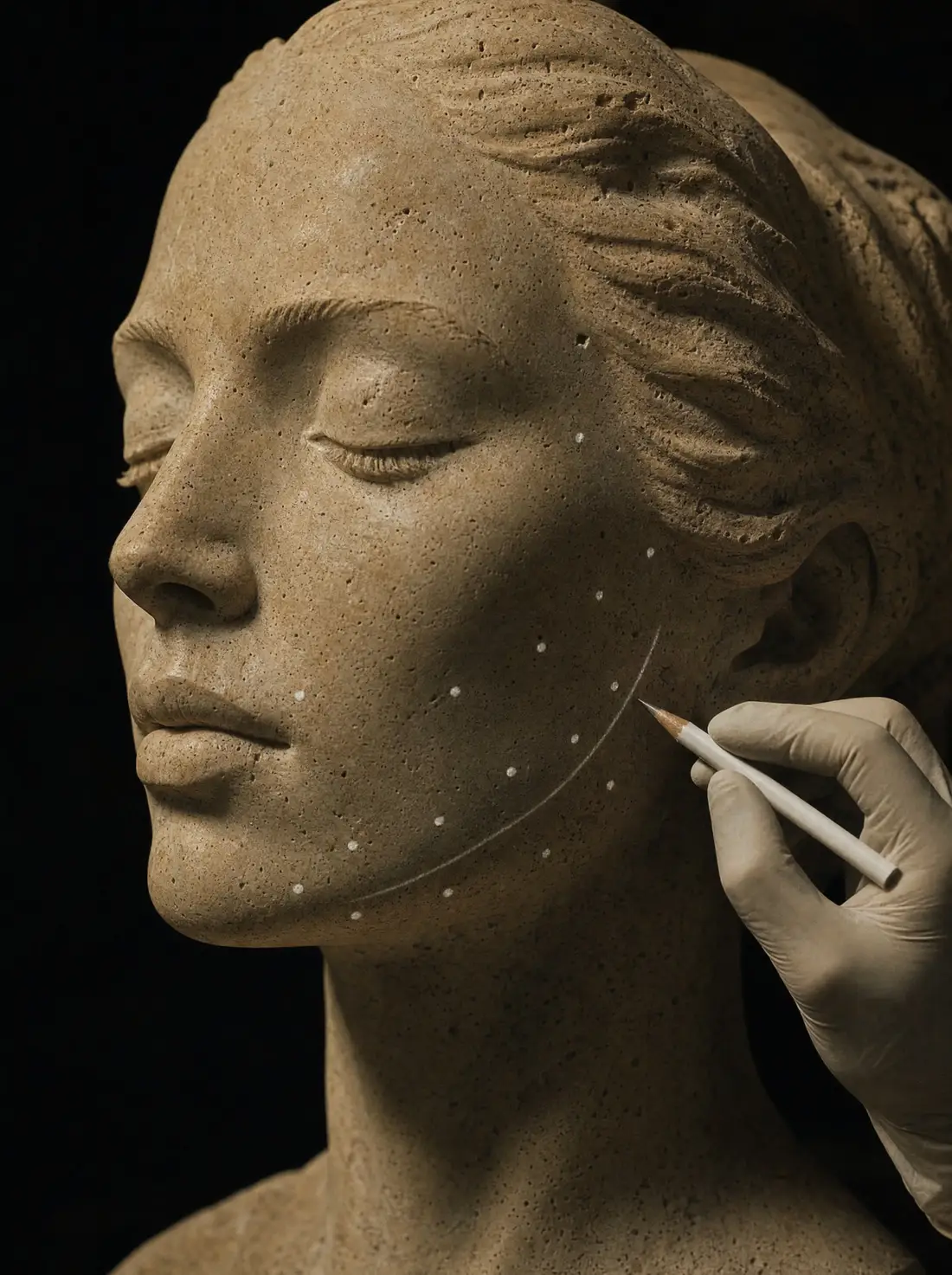 Face mapping before treatment: fine marks on a stone face
