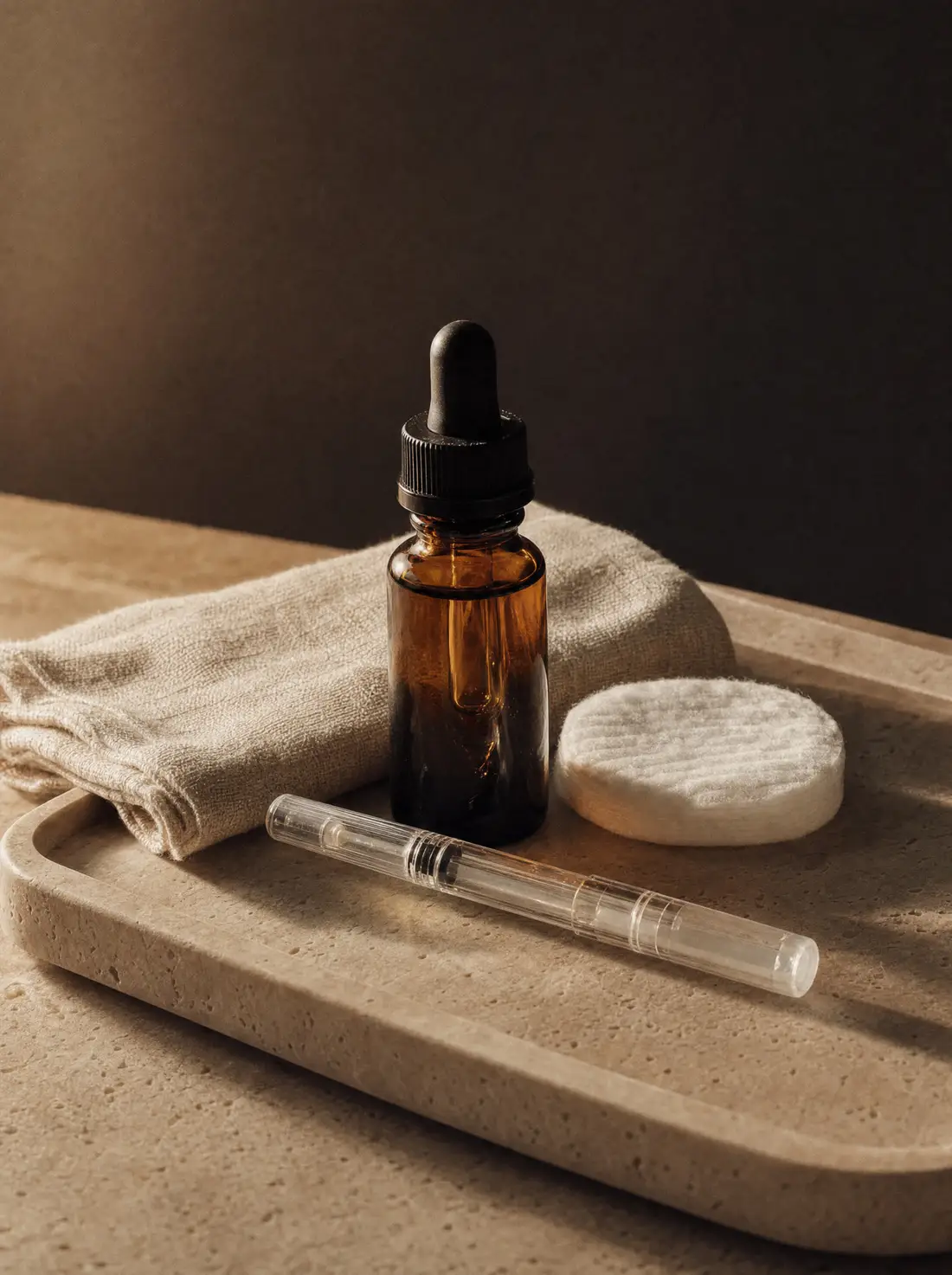 Aftercare: serum, cotton pad and linen on a travertine tray